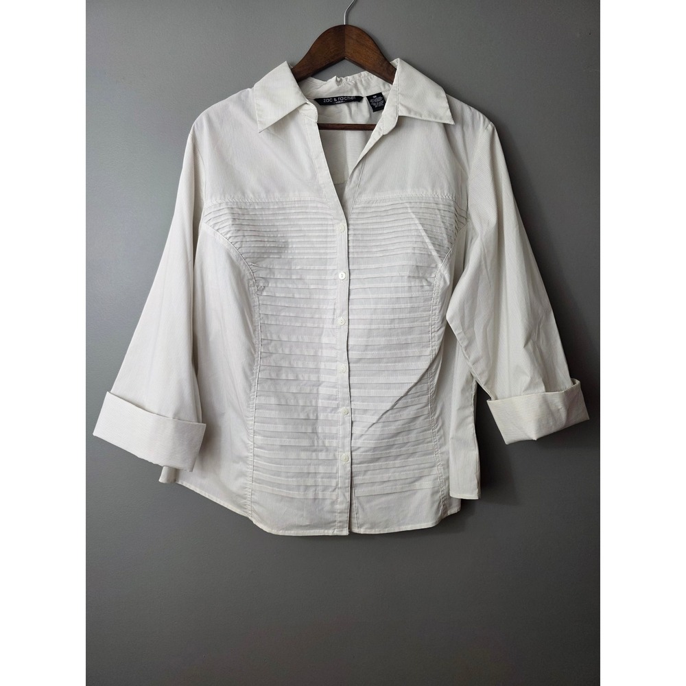 Zac & Rachel Woman 3X Striped Pleated Bib Blouse Tan White 3/4 Sleeve Shirt